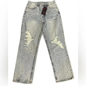 No Bounderies Super High Rise Straight Relaxed Distressed Button Fly Mom Jeans